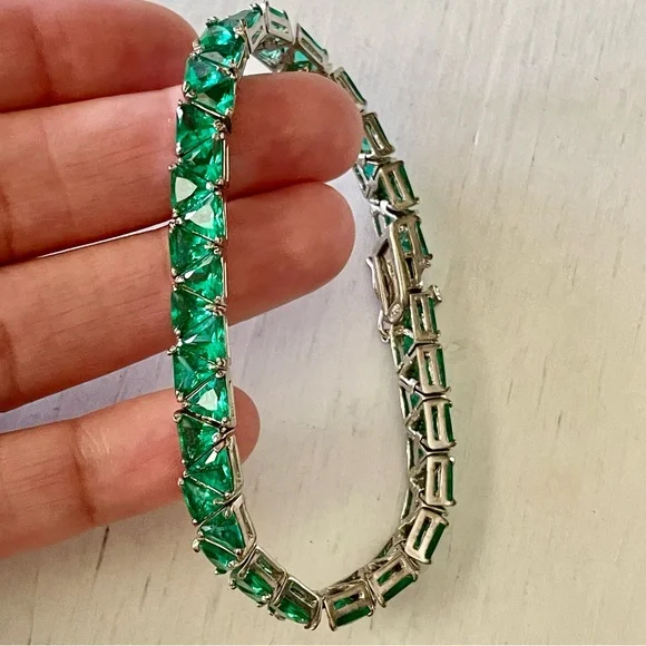 Green Silver Tennis 925 bracelet, bling chunky tennis bracelet, fancy fashion - Picture 1 of 8